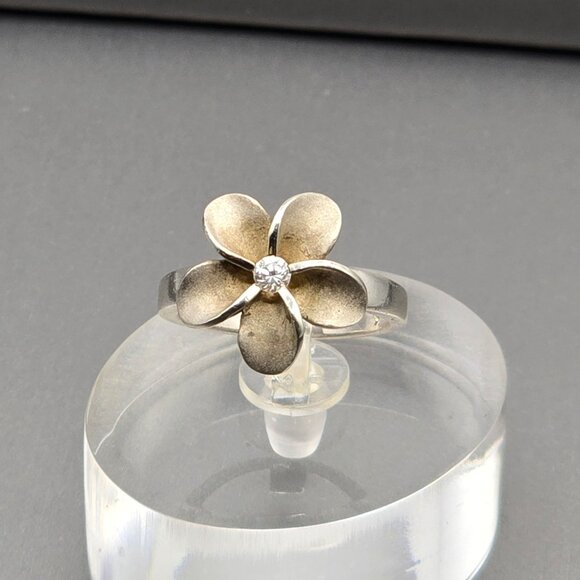Sterling Silver Plumeria Flower Crystal Ring Size 5.5 Frosted Petal Hawaiian - Picture 13 of 13